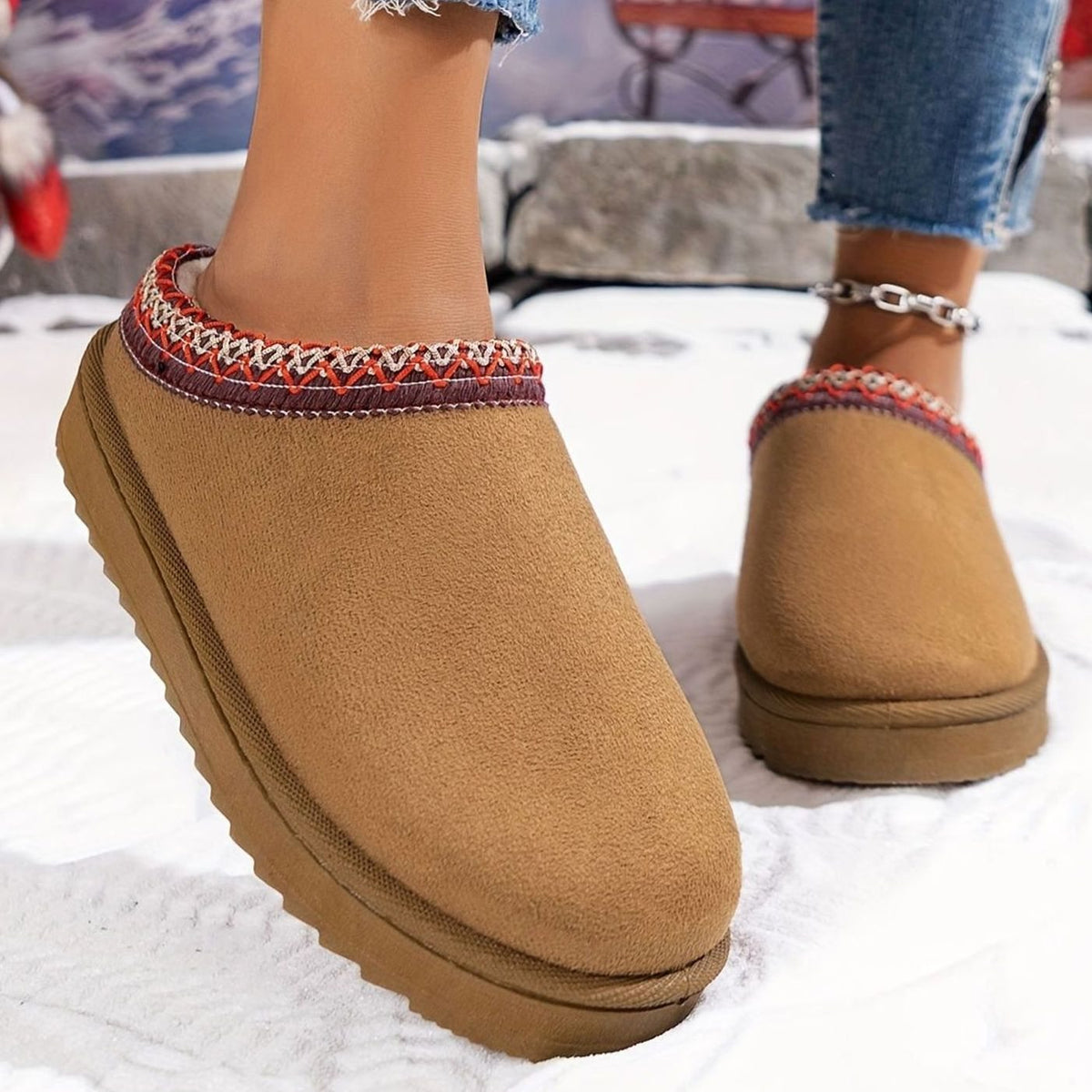 Women's plush-lined winter slippers with boho trim and rubber sole by Homixa, featuring cozy interior and stylish design.