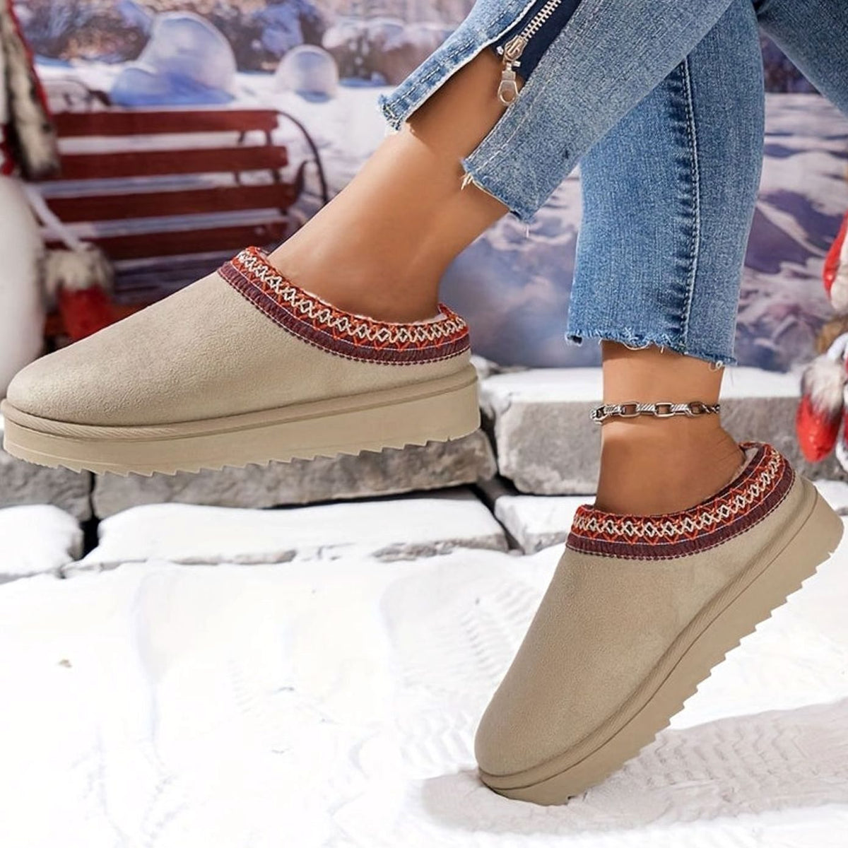 Women's plush-lined slip-on winter slippers by Homixa featuring boho trim and rubber sole for cozy comfort.