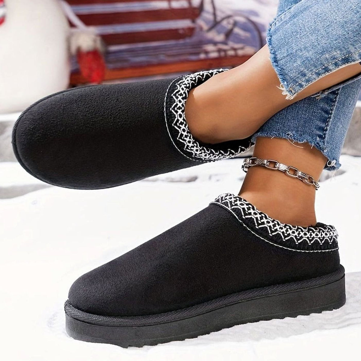 Women's plush-lined winter slippers by Homixa with boho trim and rubber sole, cozy slip-on footwear for cold weather.