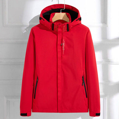 Women’s polyester rain jacket by Homixa featuring a removable hood, double zip closure, and adjustable fit for weather protection.