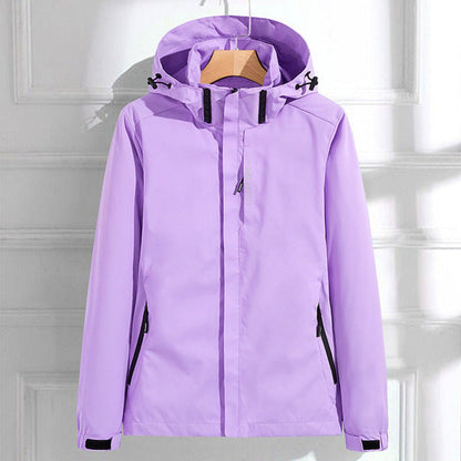 Women's polyester rain jacket with removable hood, double zipper, and adjustable fit by Homixa, shown with front view and features.