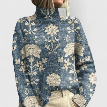 Homixa women's printed long-sleeve turtleneck sweater with a softly structured silhouette, showcasing a stylish, cozy knit design.