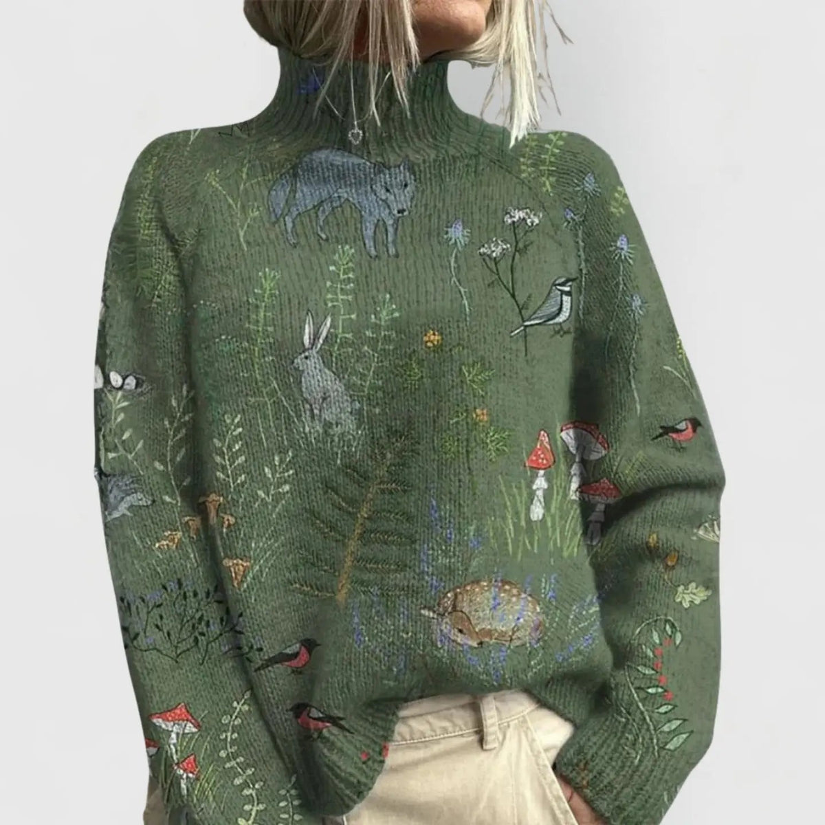 Women's printed long-sleeve turtleneck sweater by Homixa featuring a softly structured silhouette and cozy knit fabric.