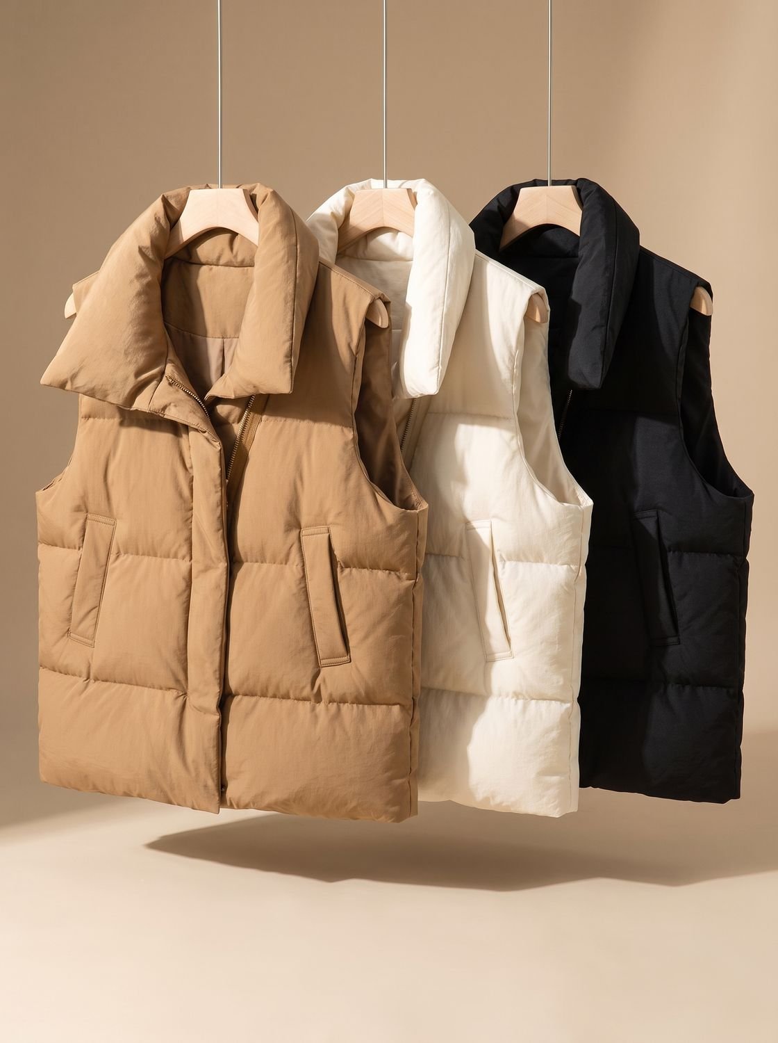 Women's quilted boxy-fit puffer vest by Homixa with shawl collar and two-way zipper, shown on a model.