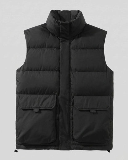 Women's quilted puffer vest with funnel neck, concealed zipper, and large flap pockets by Homixa.