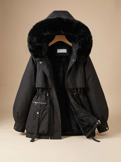 Women's quilted winter jacket by Homixa featuring a fur collar, hood, and adjustable drawstring waist for warmth and style.