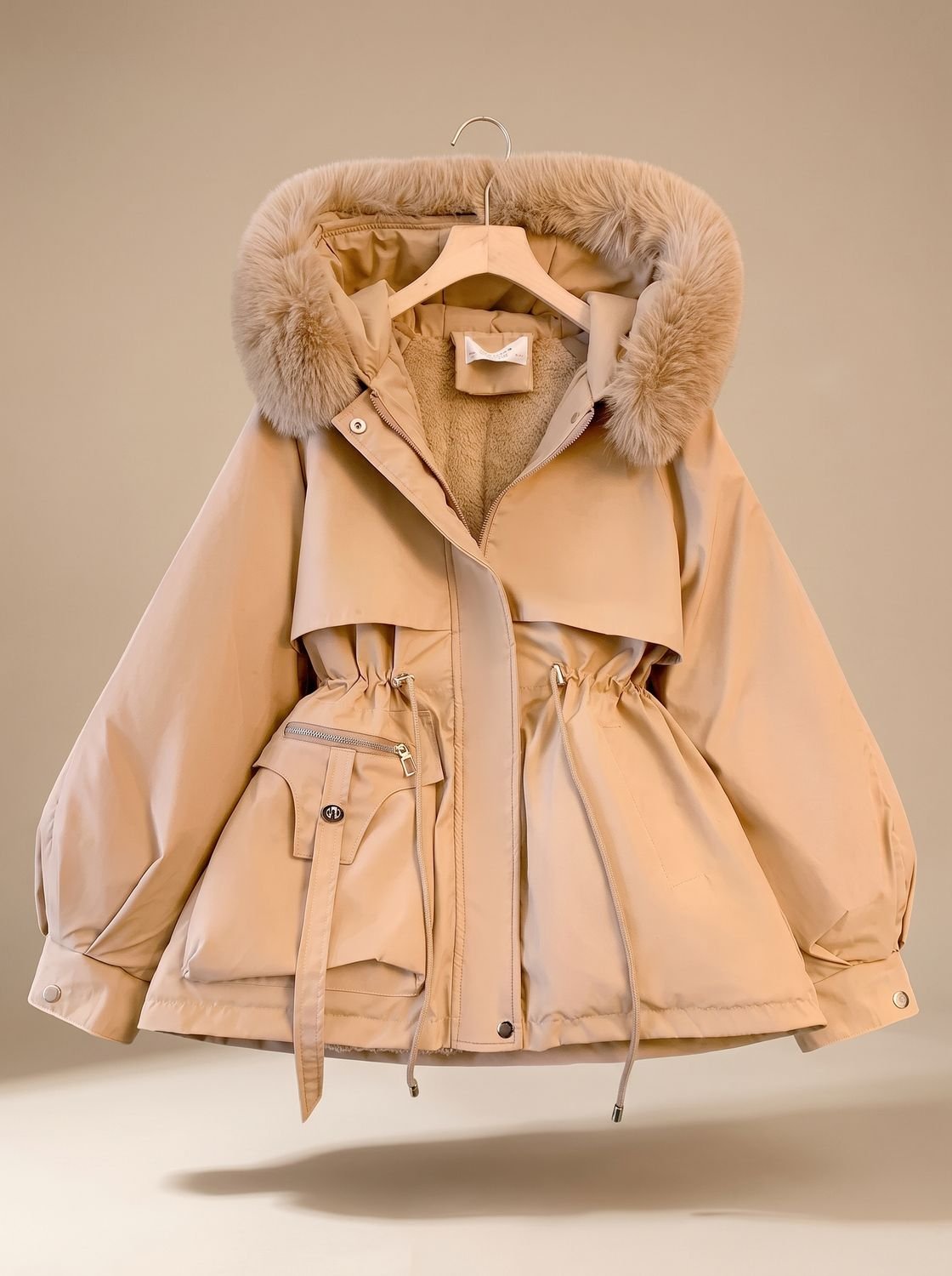 Women's quilted winter jacket by Homixa with hood, fur collar, and adjustable drawstring waist, designed for warmth and style.