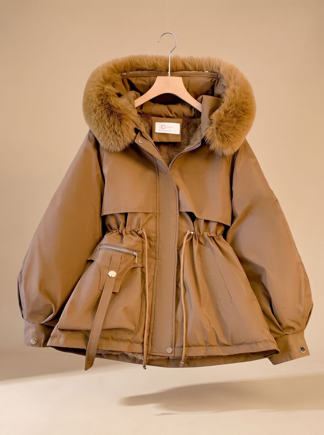 Women's quilted winter jacket by Homixa with hood, fur collar, and adjustable drawstring waist for warmth and style.