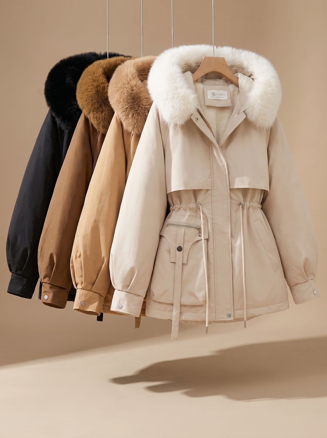 Women's quilted winter jacket by Homixa with hood, fur collar, and adjustable drawstring waist, perfect for cold weather.