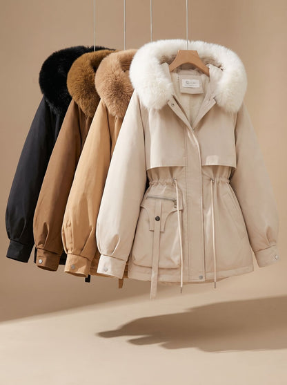 Women's quilted winter jacket by Homixa with hood, fur collar, and adjustable drawstring waist, perfect for cold weather.