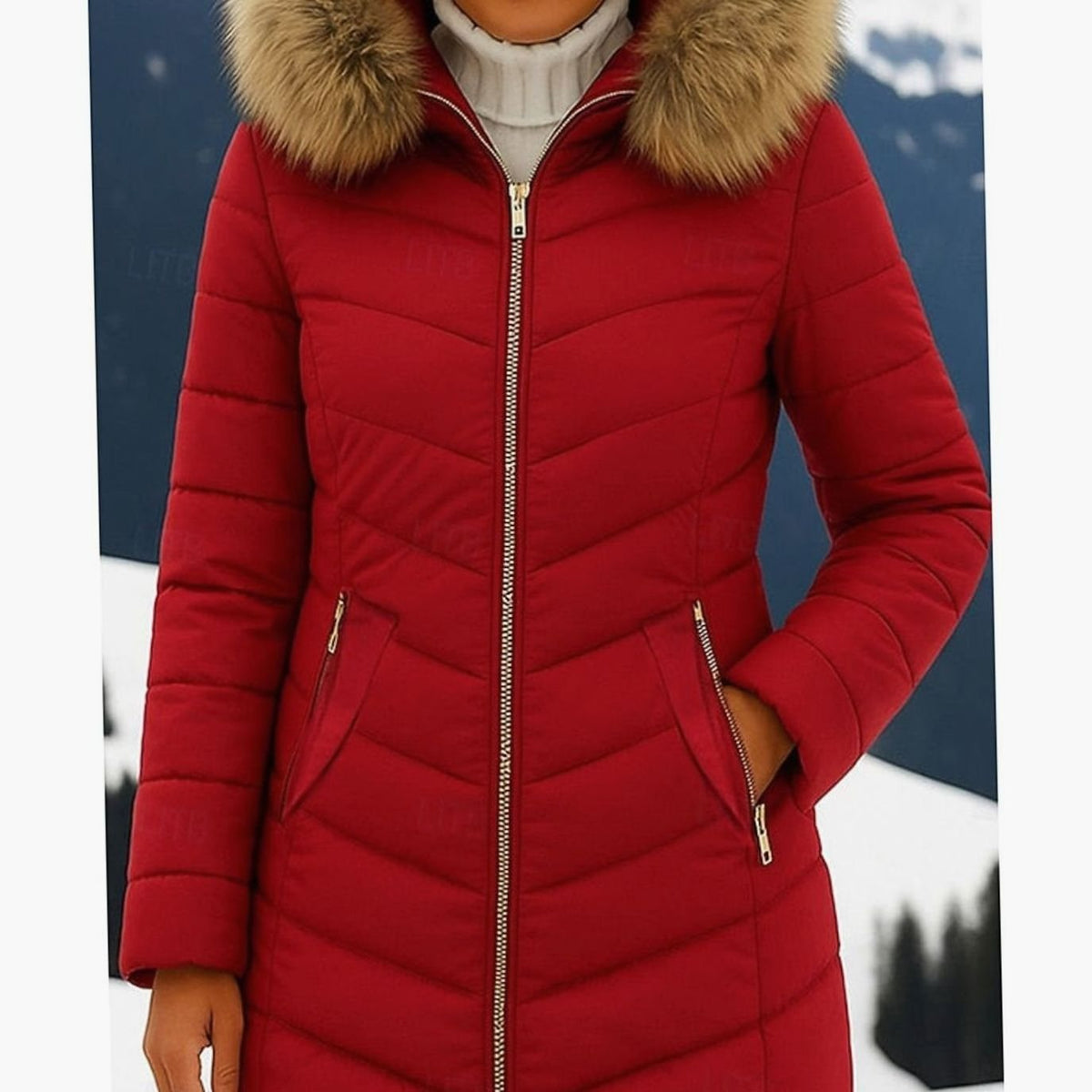 Women's Quilted Parka by Homixa featuring a vegan-fur hood trim, chevron pattern, and gold zippers, shown in a stylish outdoor setting.