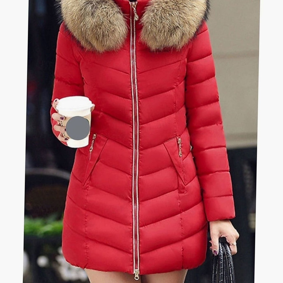 Women's Homixa quilted parka with vegan-fur hood trim, chevron pattern, and gold zippers, showcasing a stylish winter outerwear design.