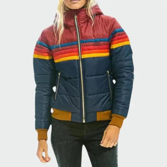 Women's Homixa quilted puffer jacket with stripe pattern and zip-front closure, showcasing stylish and warm outerwear design.