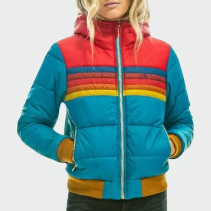 Women's quilted puffer jacket by Homixa with stripe pattern and zip-front closure, showcasing the stylish design and cozy fit.