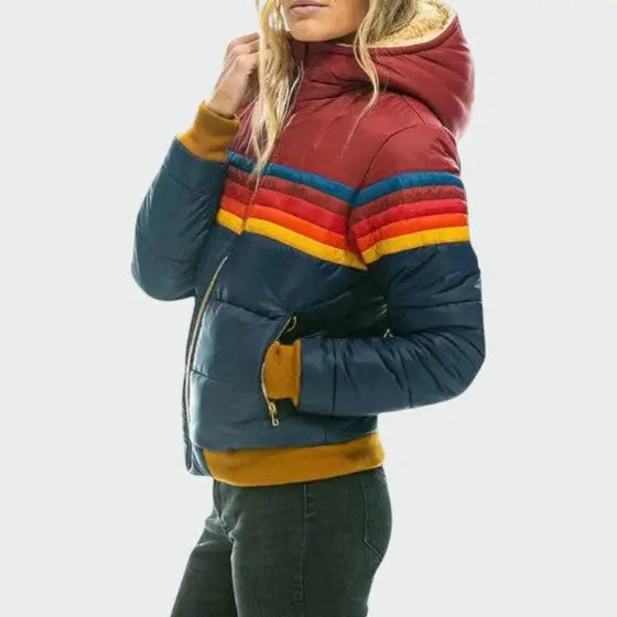 Women's Homixa quilted puffer jacket with stripe pattern and zip-front closure, showcasing a stylish winter outerwear design.