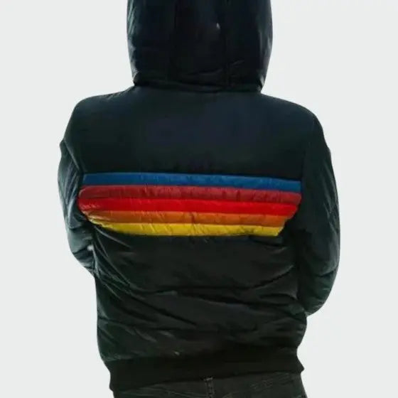 Women's Homixa quilted puffer jacket with stripe pattern and zip-front closure, showcasing cozy insulation and stylish design.