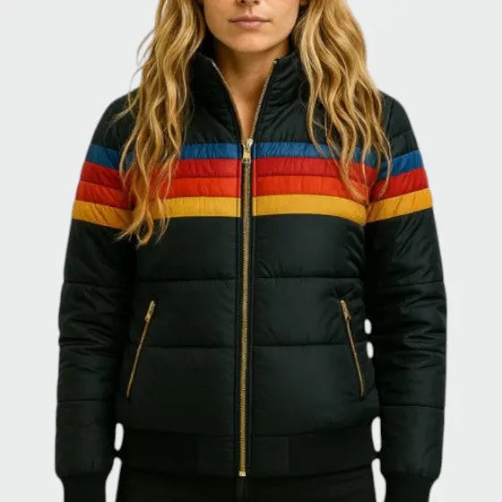 Women’s Homixa quilted puffer jacket with stripe pattern and zip-front closure, showcasing its stylish design and cozy fit.