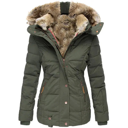 Women's quilted winter jacket by Homixa with fur-lined hood, zippered pockets, and a stylish insulated design.
