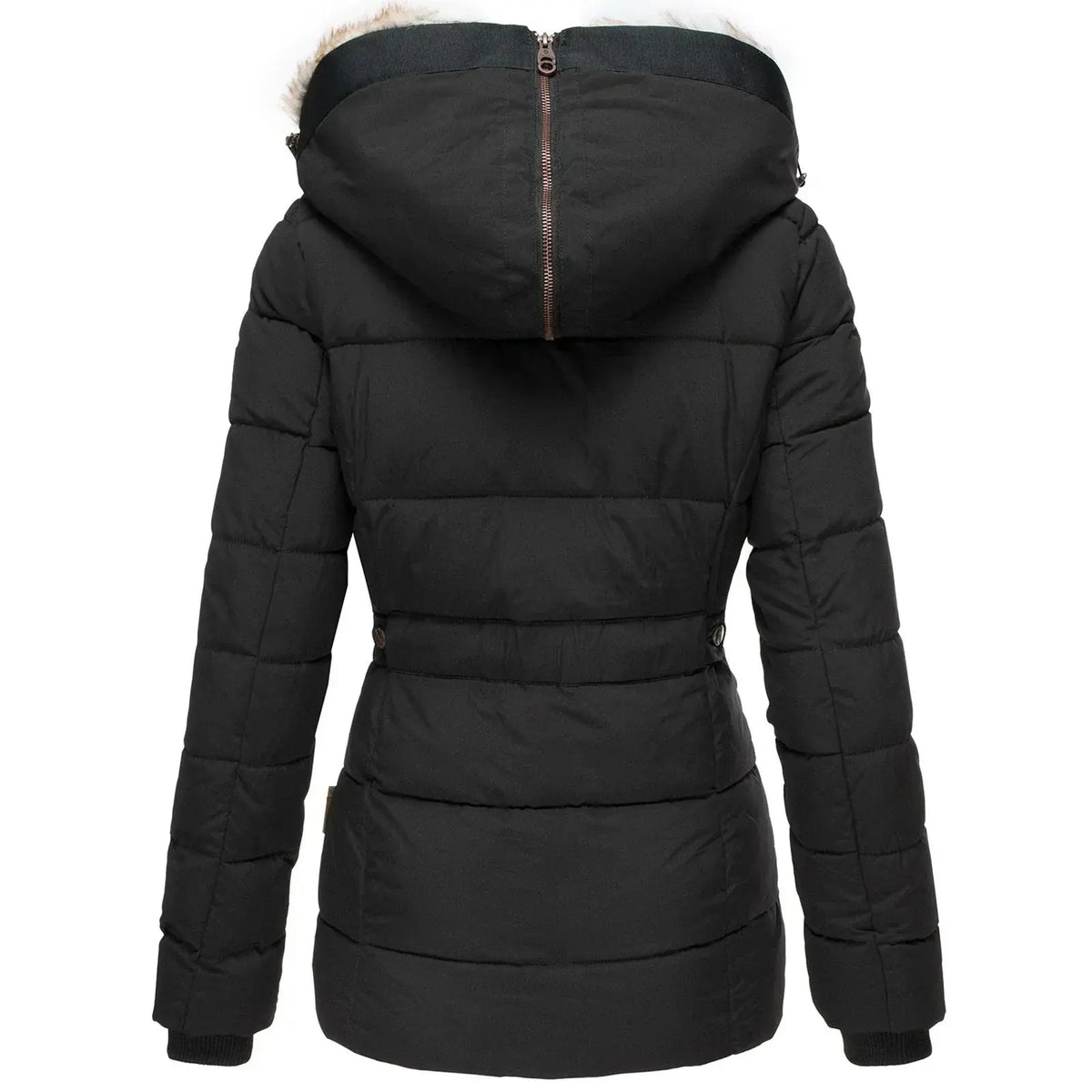 Women's quilted winter jacket by Homixa with a fur-lined hood and zippered pockets, shown on a model outdoors in cold weather.