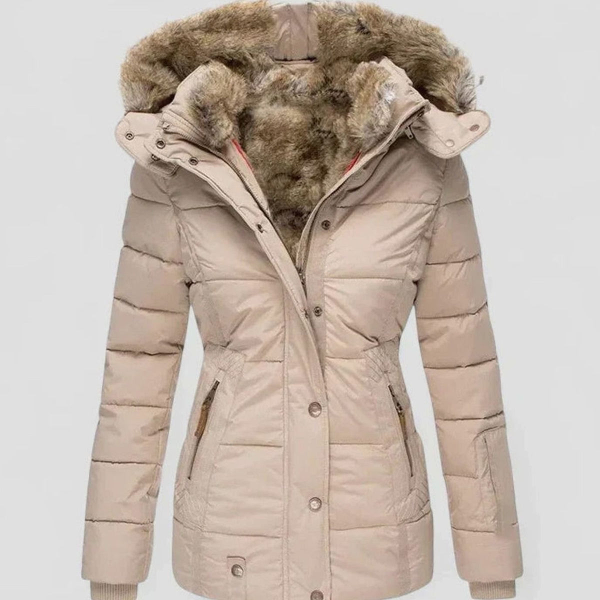 Women's quilted winter jacket by Homixa with removable faux-fur hood and fitted, shaped waist, ideal for cold weather.