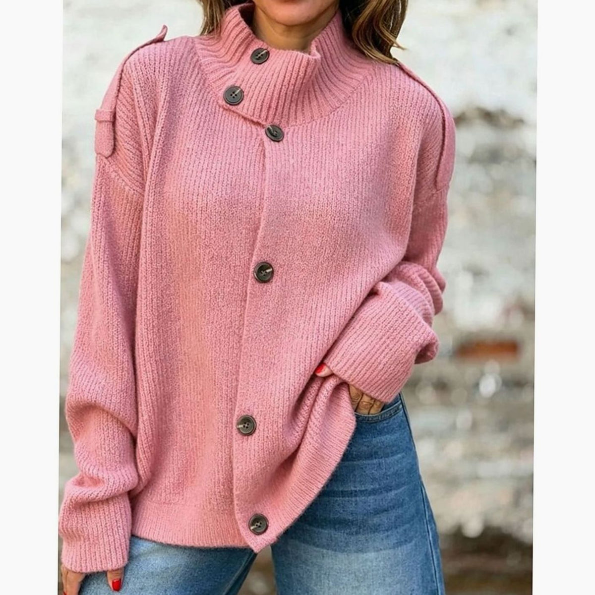 Women's relaxed-fit Homixa cardigan with button front, stand collar, and ribbed knit texture, perfect for casual wear.