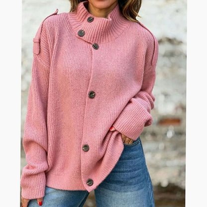 Women's relaxed-fit Homixa cardigan with button front, stand collar, and ribbed knit texture, perfect for casual wear.