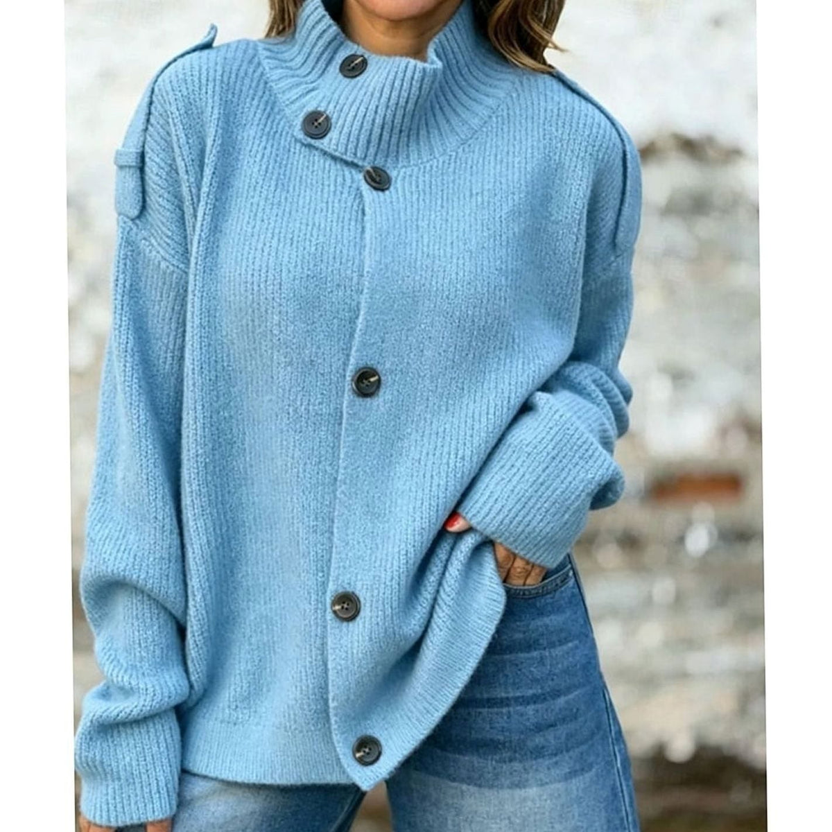 Women's relaxed-fit Homixa cardigan with button-front, stand collar, and ribbed knit texture, styled for casual comfort.