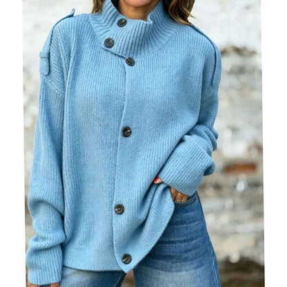 Women's relaxed-fit Homixa cardigan with button-front, stand collar, and ribbed knit texture, styled for casual comfort.