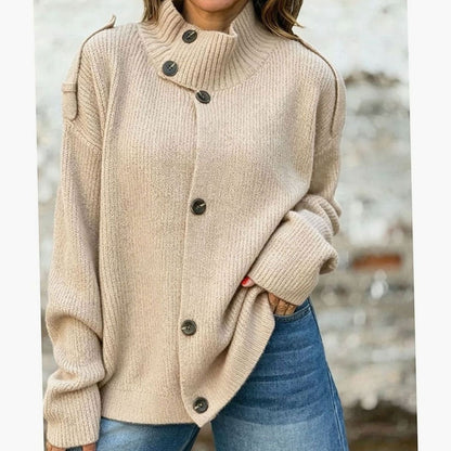 Women's relaxed-fit Homixa button-front cardigan with stand collar and ribbed knit texture, shown on a model.