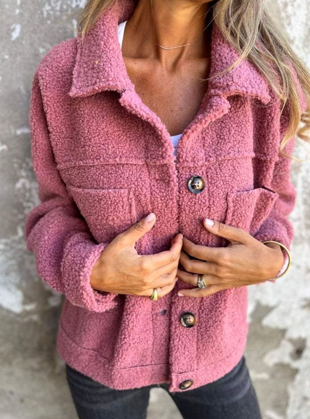 Women's relaxed-fit Teddy fleece jacket with button front and chest pockets by Homixa, shown on a model.