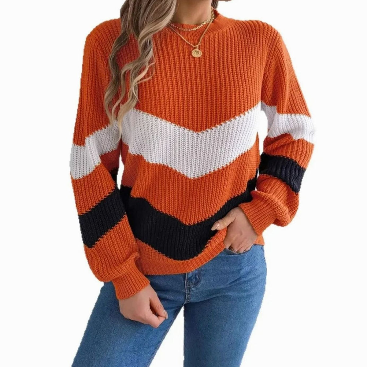 Homixa women's relaxed-fit chevron color-block crew-neck sweater with ribbed cuffs, casual and stylish for everyday wear.