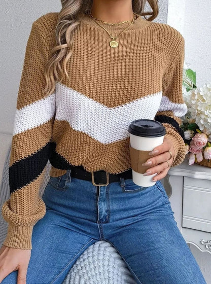 Women's relaxed-fit Chevron color-block crew-neck sweater by Homixa with ribbed cuffs and cozy knit texture.