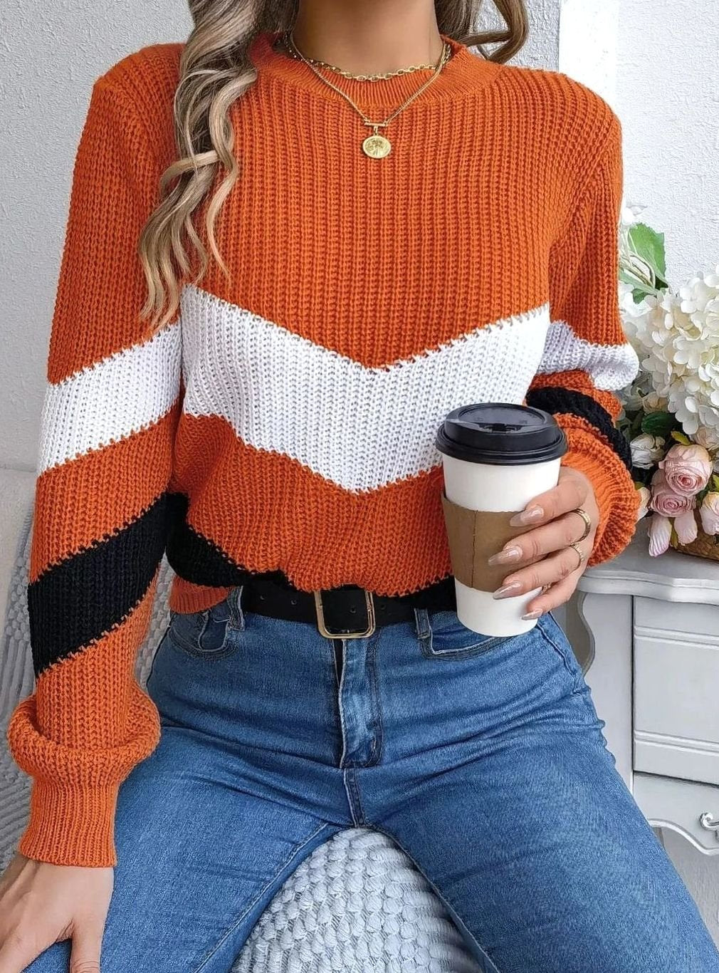 Women's relaxed-fit chevron color-block crew-neck sweater with ribbed cuffs by Homixa, featuring a stylish and comfortable design.