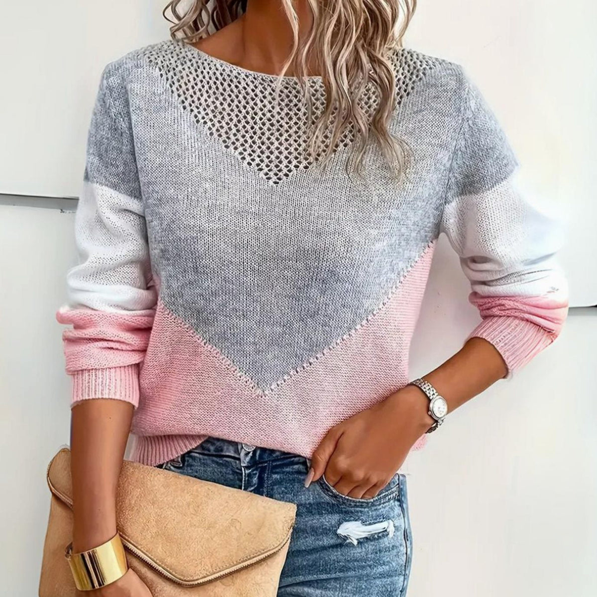 Women's relaxed-fit color-block knit crew-neck sweater with crochet details, by Homixa, featuring vibrant color blocks and textured accents.