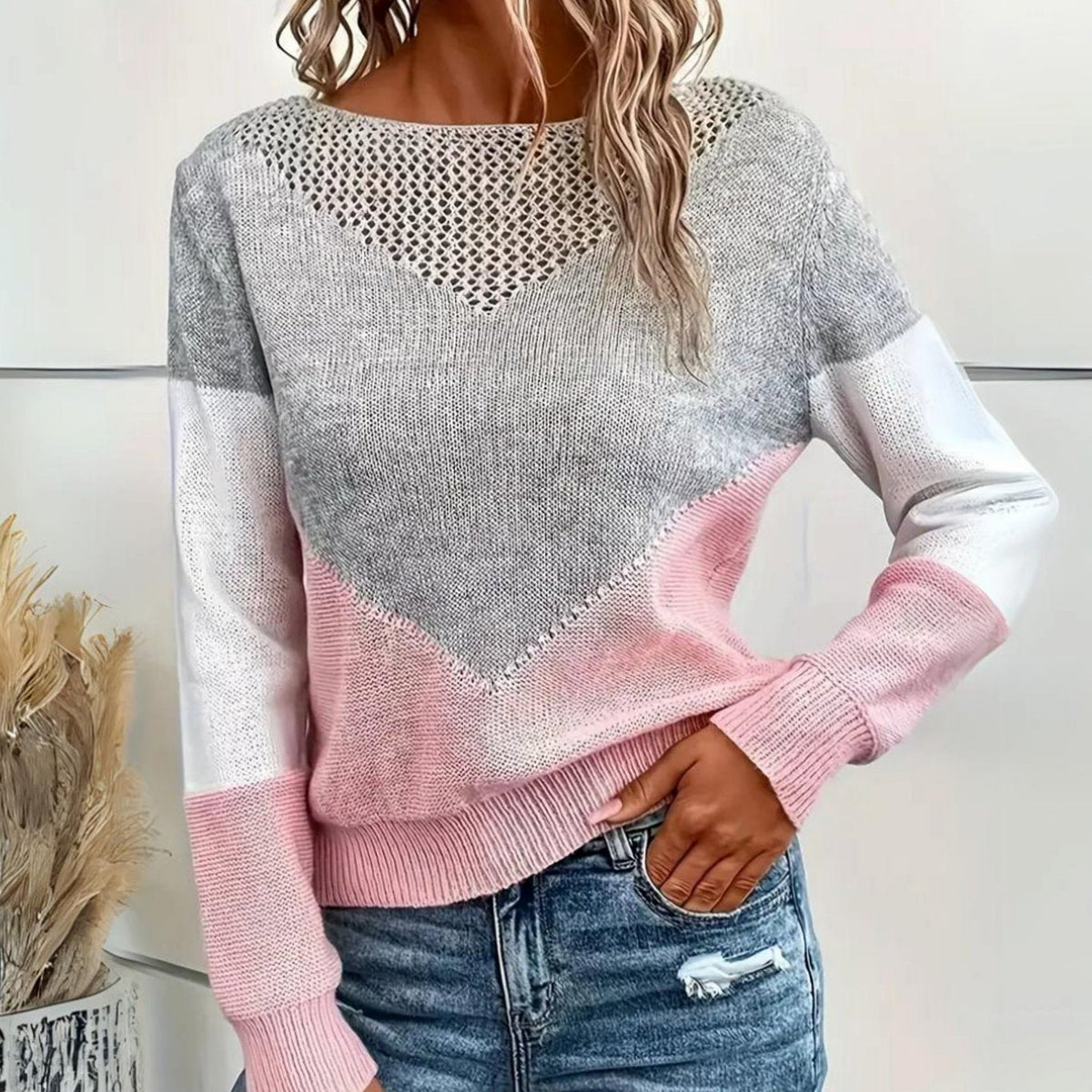 Women's relaxed-fit color-block knit crew-neck sweater with crochet detail, by Homixa, featuring bold color blocks and cozy style.