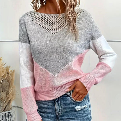 Women's relaxed-fit color-block knit crew-neck sweater with crochet detail, by Homixa, featuring bold color blocks and cozy style.