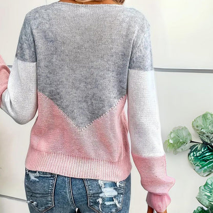 Women's relaxed-fit color-block knit crew-neck sweater with crochet details by Homixa, showcasing a cozy, stylish design.