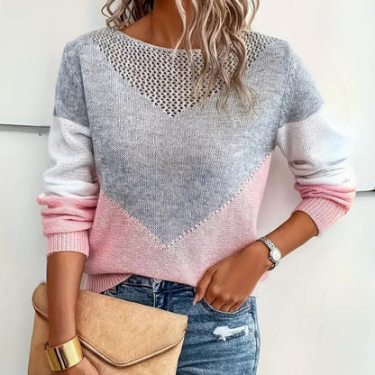 Women's relaxed-fit color-block knit crew-neck sweater with crochet details, by Homixa, showcasing vibrant color blocks and textured accents.