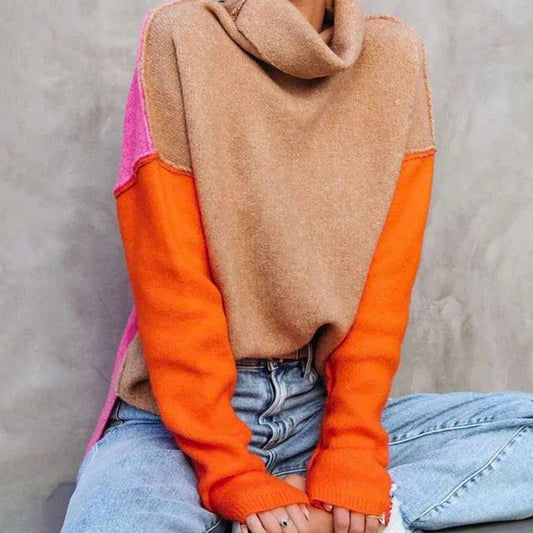 Women's relaxed-fit color-block turtleneck sweater by Homixa featuring long sleeves and soft knit fabric.