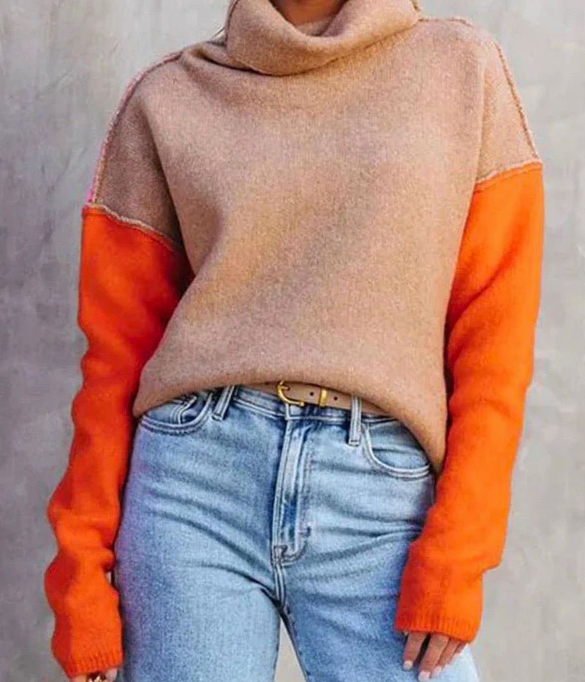 Women's relaxed-fit color-block turtleneck sweater by Homixa featuring long sleeves and soft knit fabric.