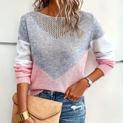 Women's relaxed-fit color-block sweater by Homixa with openwork mesh yoke at neckline, stylish and comfortable pullover.