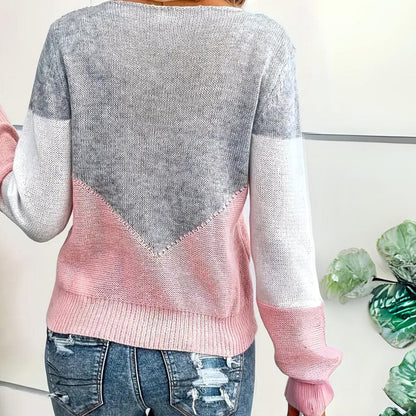 Women's relaxed-fit color-block sweater by Homixa featuring openwork mesh yoke at the neckline and casual, comfortable design.