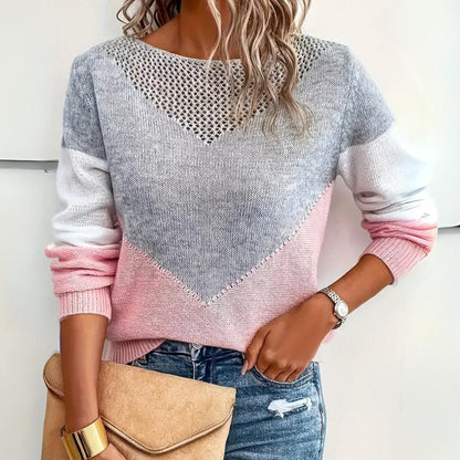 Women’s relaxed-fit color-block sweater by Homixa featuring openwork mesh yoke at the neckline and casual style.