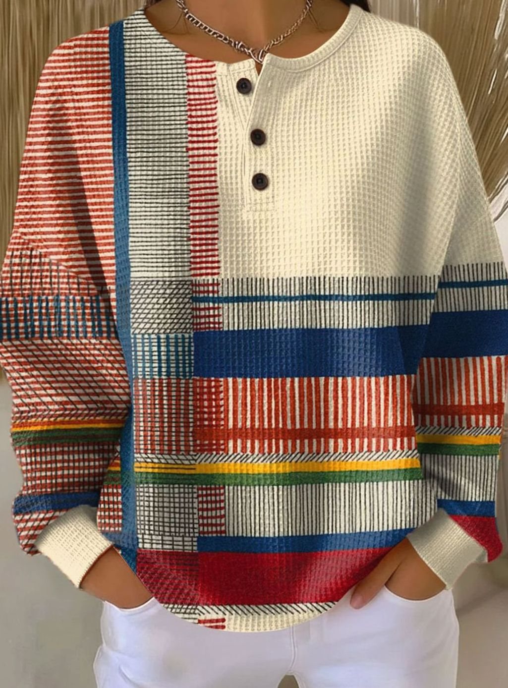 Women's relaxed-fit color-block waffle-knit sweater by Homixa with a brushed interior, cozy and stylish for casual wear.