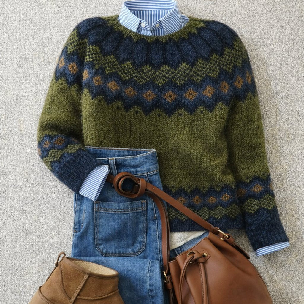 Women’s relaxed-fit Fair Isle knit sweater by Homixa with ribbed cuffs and crew neck, featuring colorful traditional pattern.