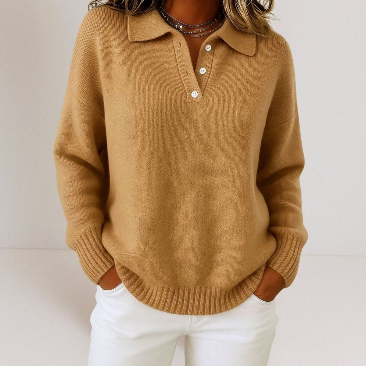 Women's relaxed-fit fine-knit sweater with polo collar and three-button placket by Homixa, shown in a soft, comfortable style.