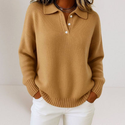 Women's relaxed-fit fine-knit sweater with polo collar and three-button placket by Homixa, shown in a soft, comfortable style.