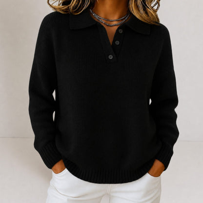 Women's relaxed-fit fine-knit sweater with polo collar and three-button placket by Homixa, shown on a model.