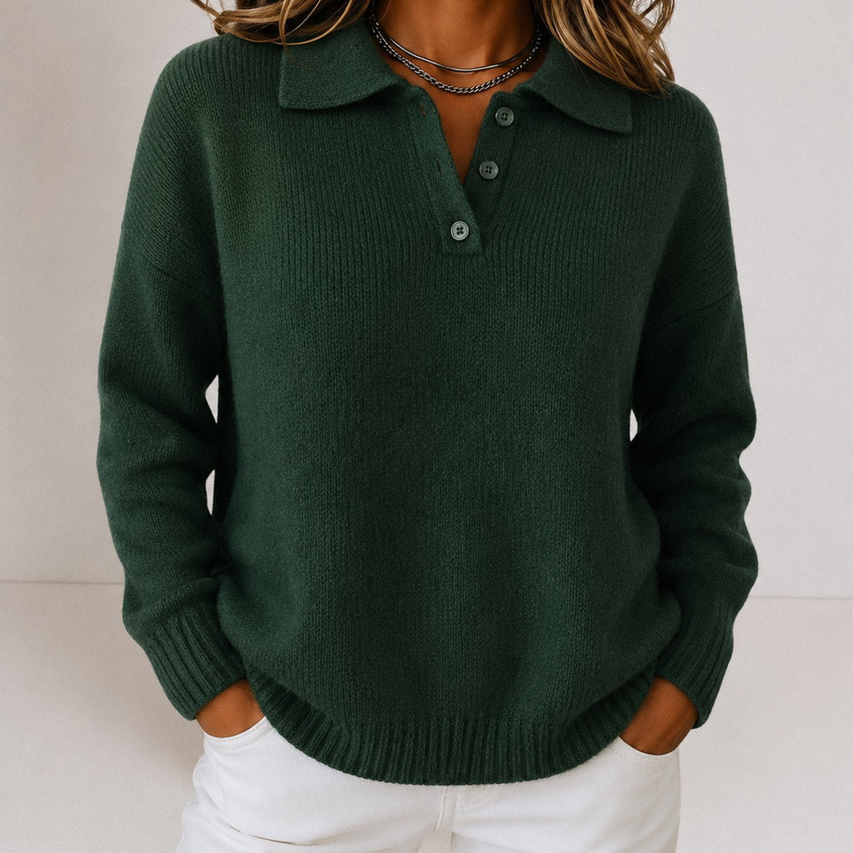 Women's relaxed-fit fine-knit sweater by Homixa featuring a polo collar and three-button placket, displayed on a model.