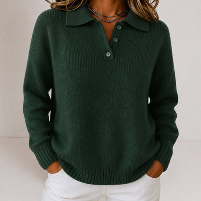 Women's relaxed-fit fine-knit sweater by Homixa featuring a polo collar and three-button placket, displayed on a model.